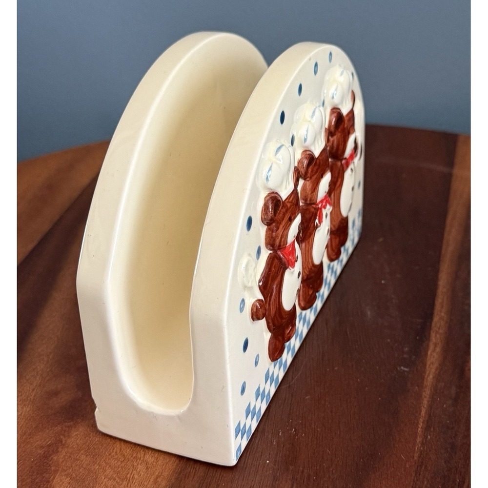 Vintage Teddy Bear Chef Napkin Holder Ceramic Blue Check Polka Dot Hand painted - Picture 3 of 4